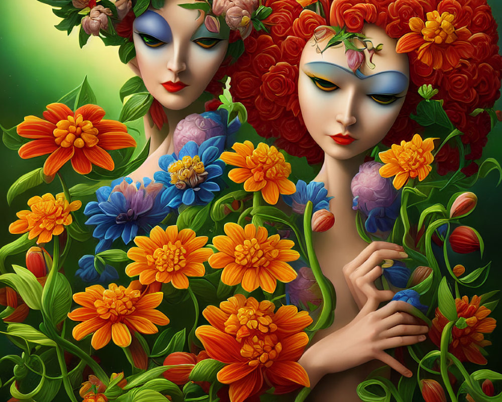 Stylized female figures with floral hair and makeup among vibrant flowers