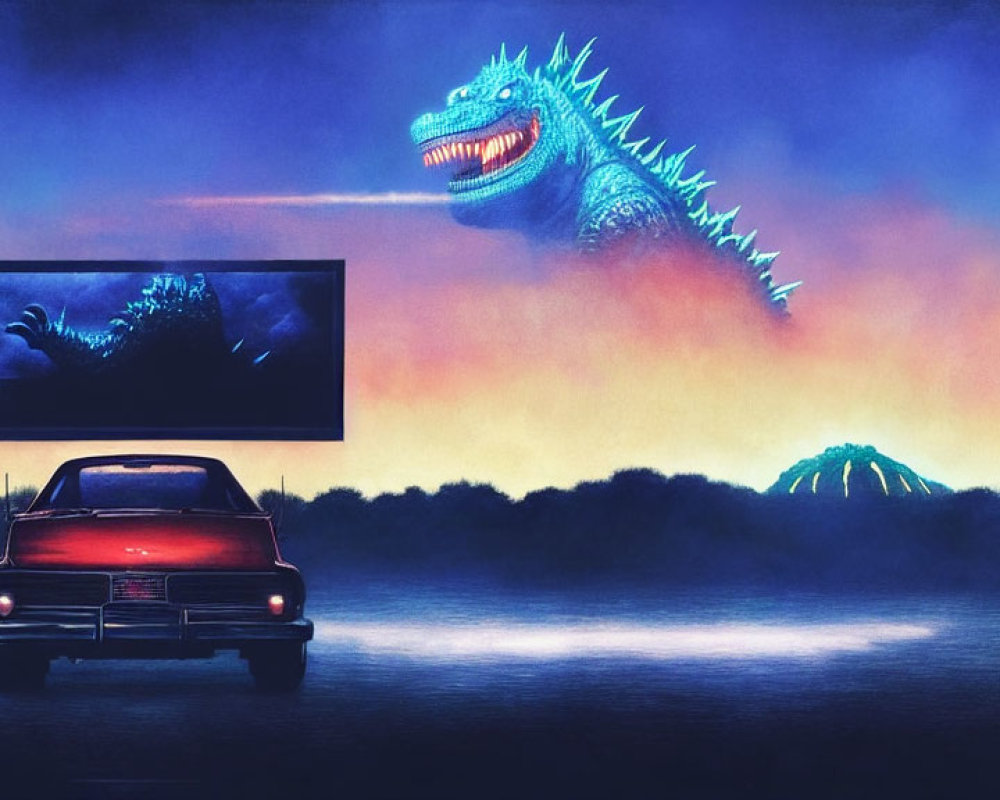 Vintage car at drive-in movie with giant blue monster on red and blue dusk background