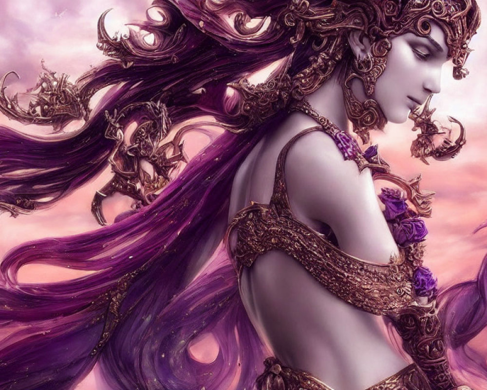 Fantasy-style illustration of woman with purple hair and golden armor on pinkish-purple cloudy backdrop