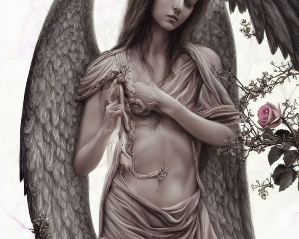 Detailed Angel with Large Wings Holding Rose in Serene Setting