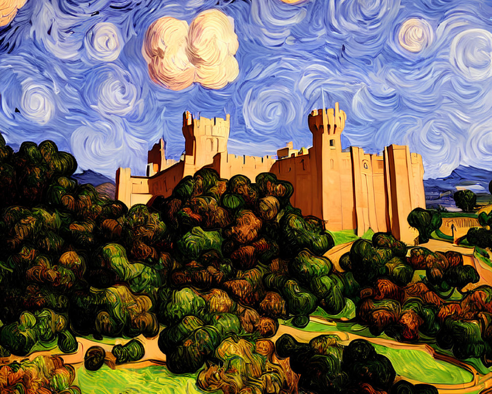 Post-Impressionist painting of castle in green hills under swirling blue sky