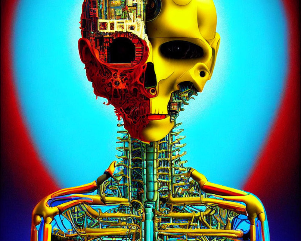 Half-Human, Half-Robotic Skull with Circuitry on Colorful Background