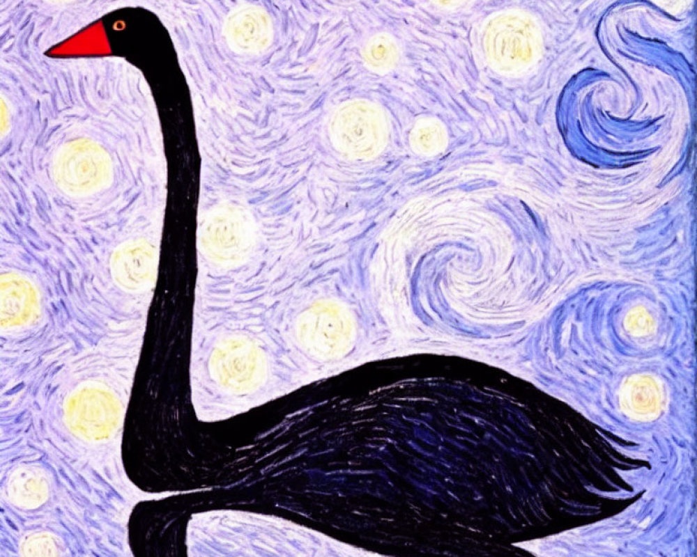 Stylized black swan with red beak in Van Gogh-inspired night sky