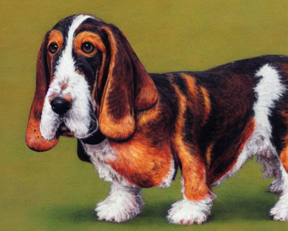 Tricolor Basset Hound with Long Ears on Green Background