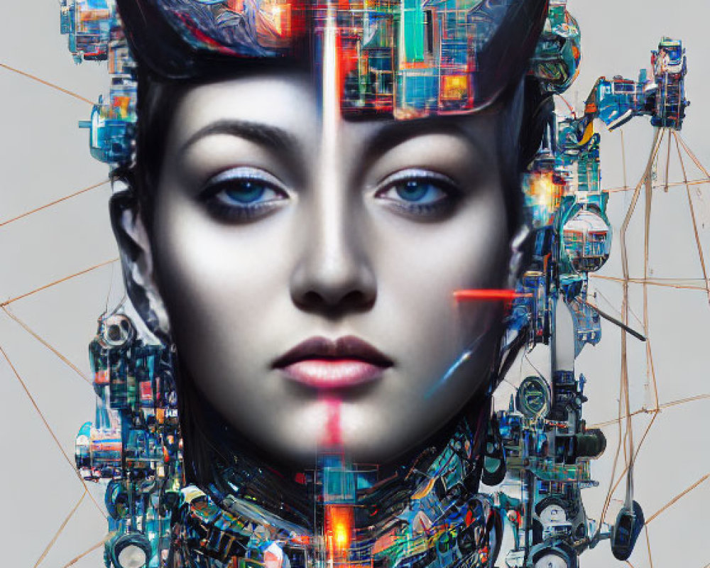 Colorful digital artwork of female figure with mechanical head and neck.