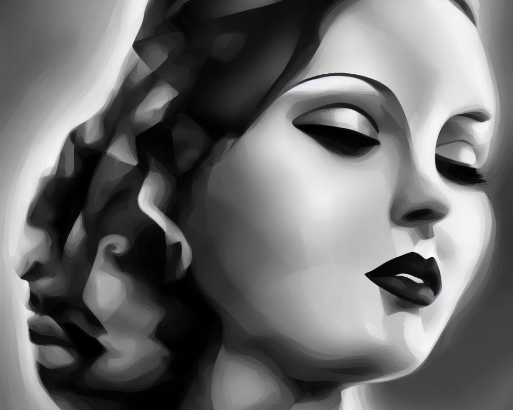 Monochrome digital artwork of stylized woman with headscarf and dark lips.