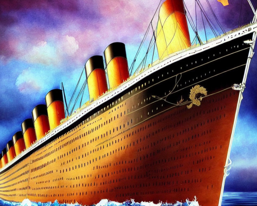 Vintage ocean liner illustration at dusk with four funnels