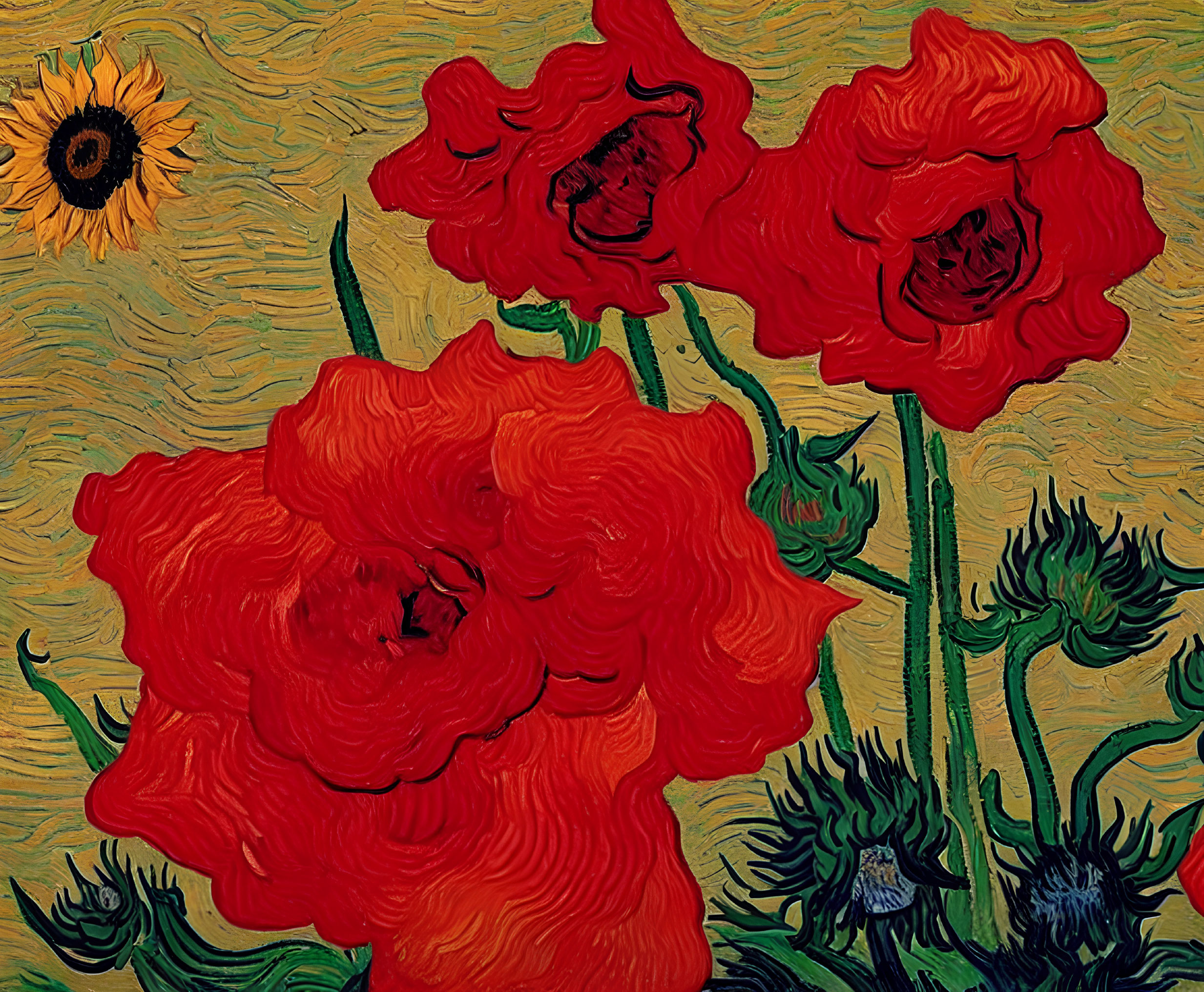 Red poppies and sunflower painting on textured yellow background