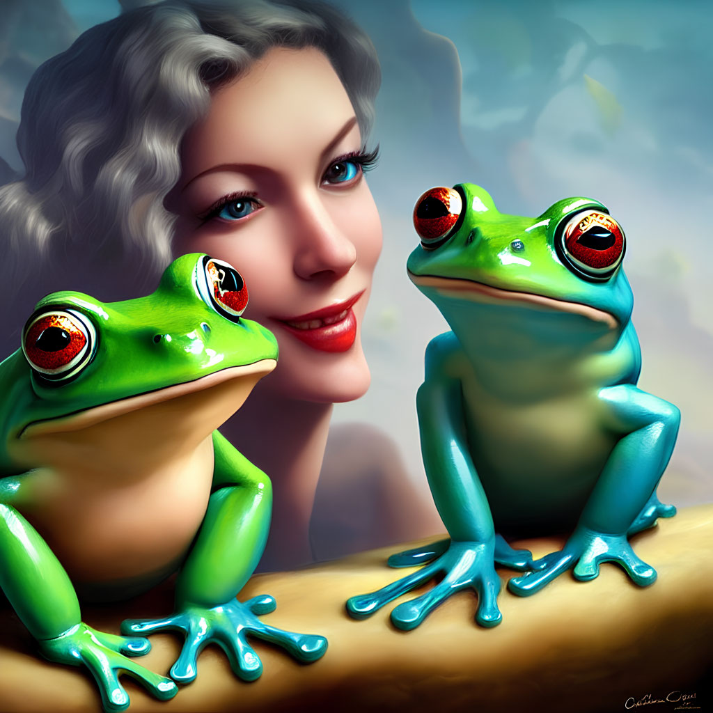 Vibrant green frogs with red eyes on branch with woman in surreal setting