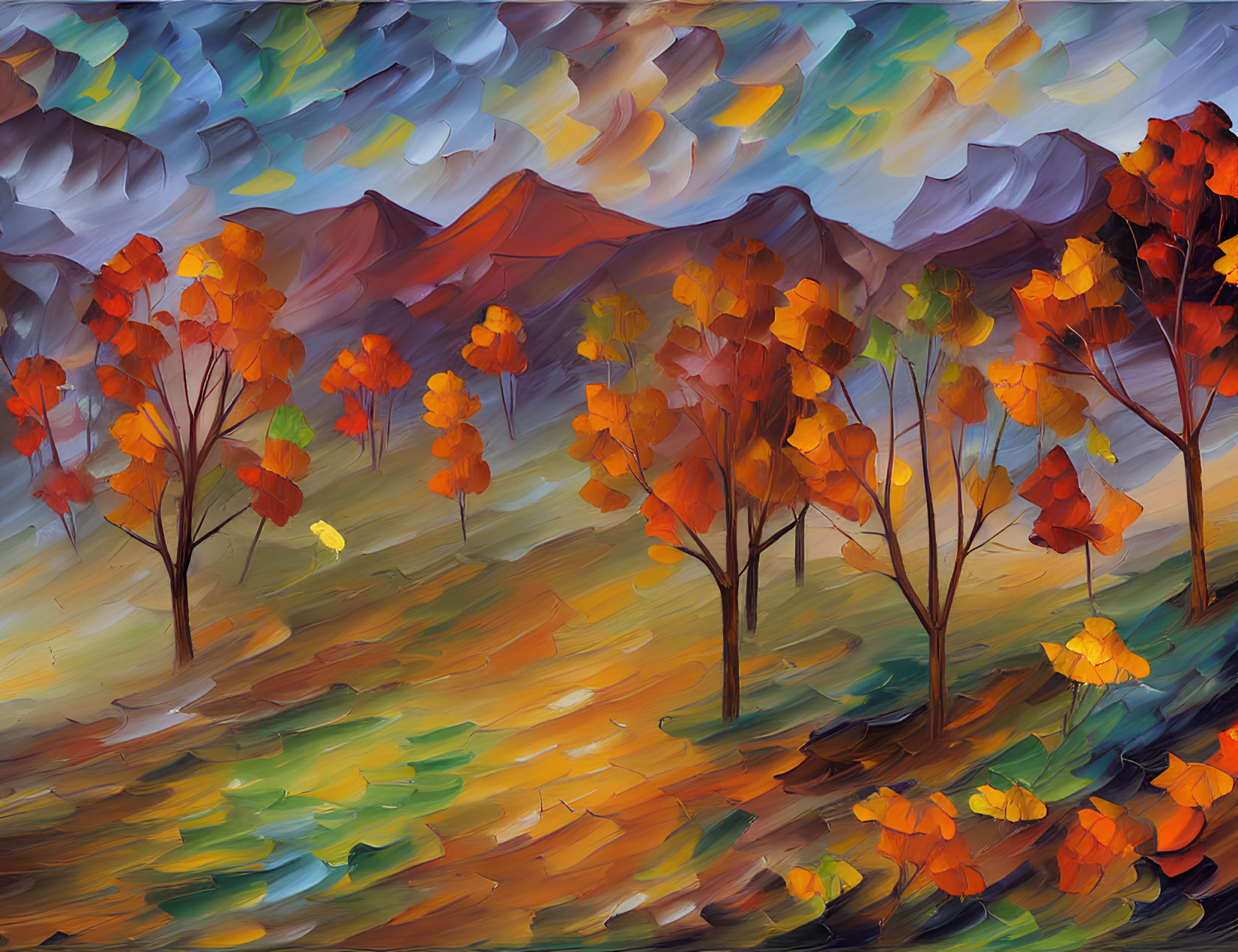 Colorful autumn landscape painting with rolling hills and shadowy mountains at sunset