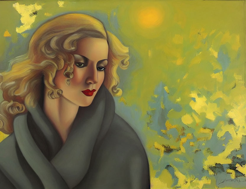 Stylized painting of woman with blonde curly hair and red lipstick