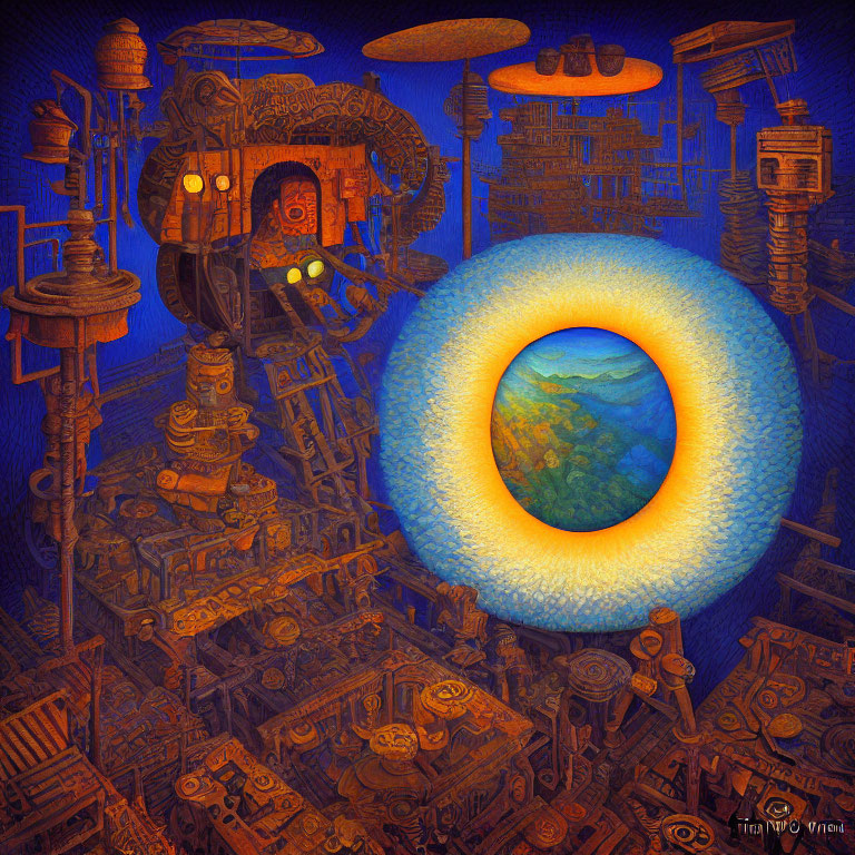 Surreal illustration of mechanized city with glowing portal