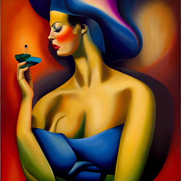 Colorful painting of woman with spinning top and large hat on abstract background