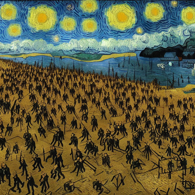 Night Sky Painting with Silhouetted Figures Marching in Chaotic Scene