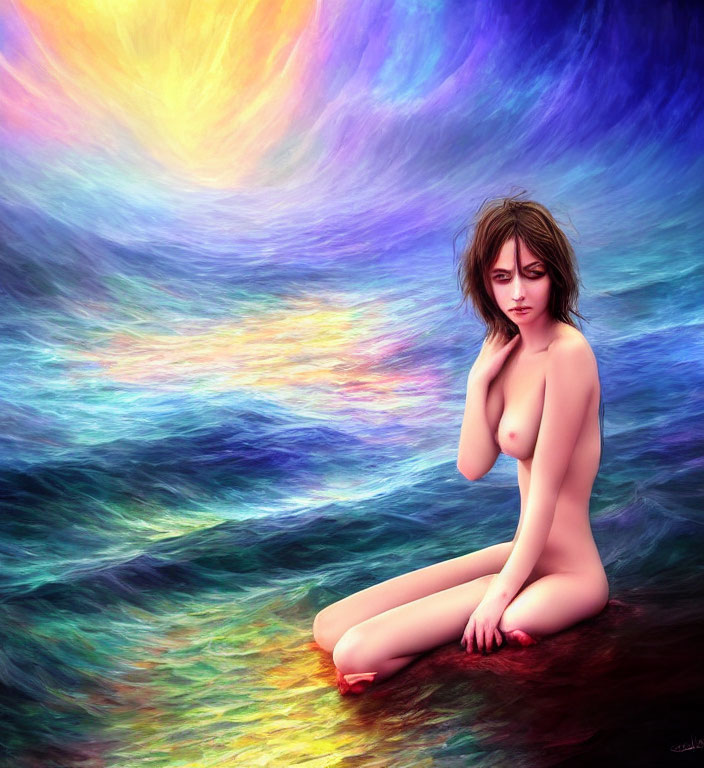 Pensive nude woman on colorful sunset-themed background