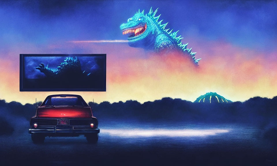 Vintage car at drive-in movie with giant blue monster on red and blue dusk background