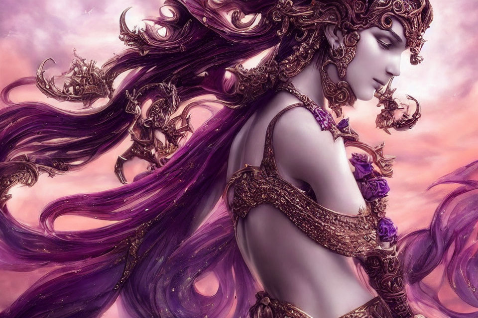 Fantasy-style illustration of woman with purple hair and golden armor on pinkish-purple cloudy backdrop