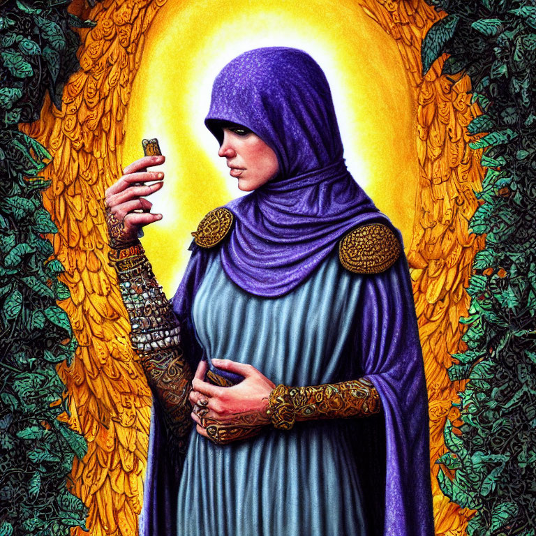 Woman in purple cloak with golden shoulder pads and henna, standing before radiant halo and green wings