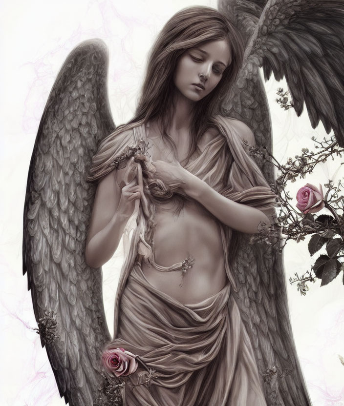 Detailed Angel with Large Wings Holding Rose in Serene Setting