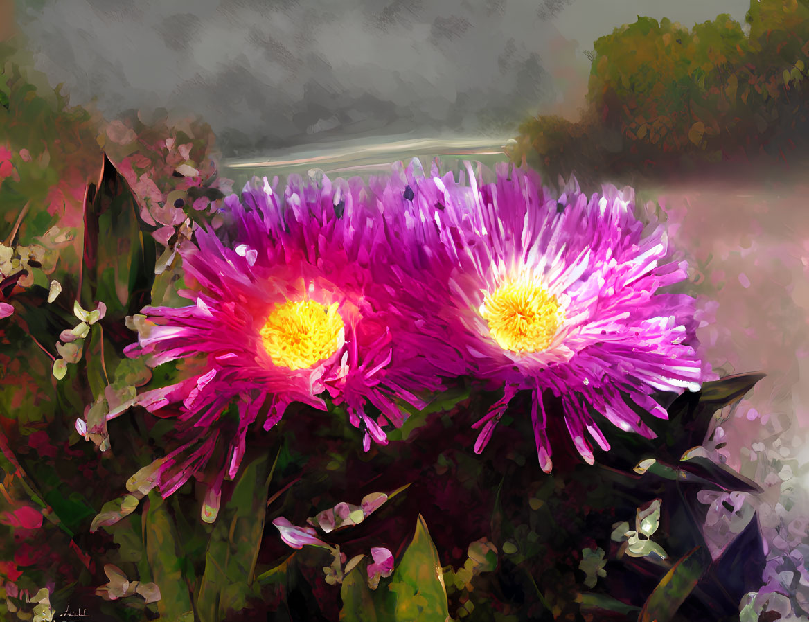 Vibrant pink flowers with yellow centers against a painterly backdrop