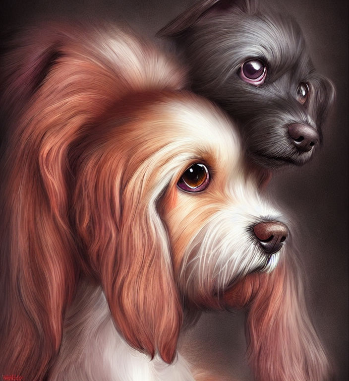 Stylized illustration of two expressive dogs with cream and gray fur