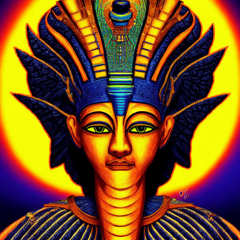 Vibrant digital art: Egyptian pharaoh in blue and gold headdress on radiant background