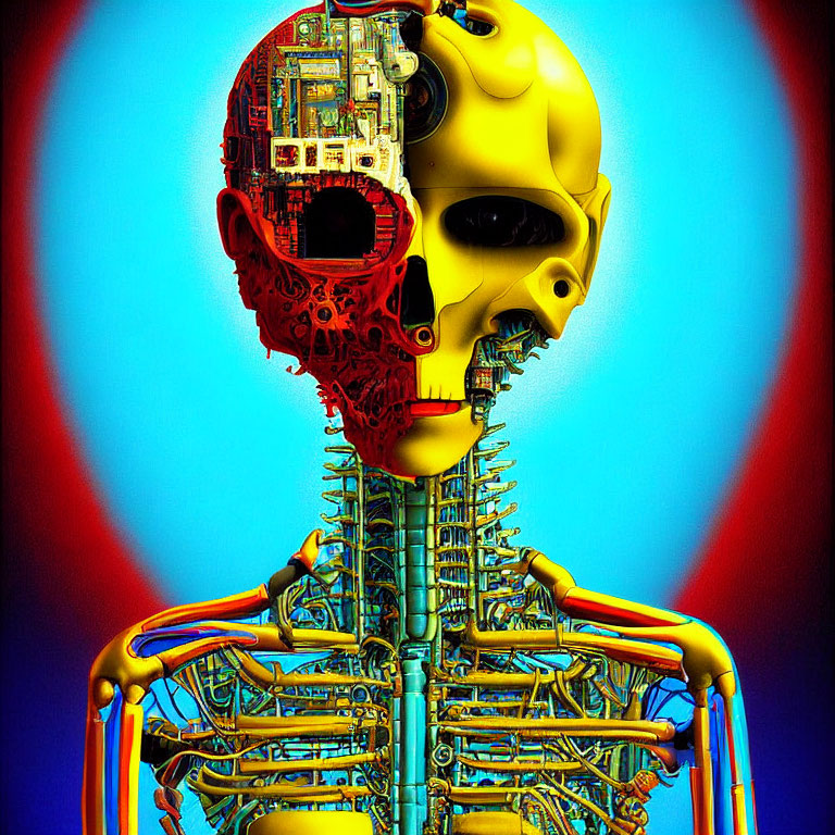 Half-Human, Half-Robotic Skull with Circuitry on Colorful Background