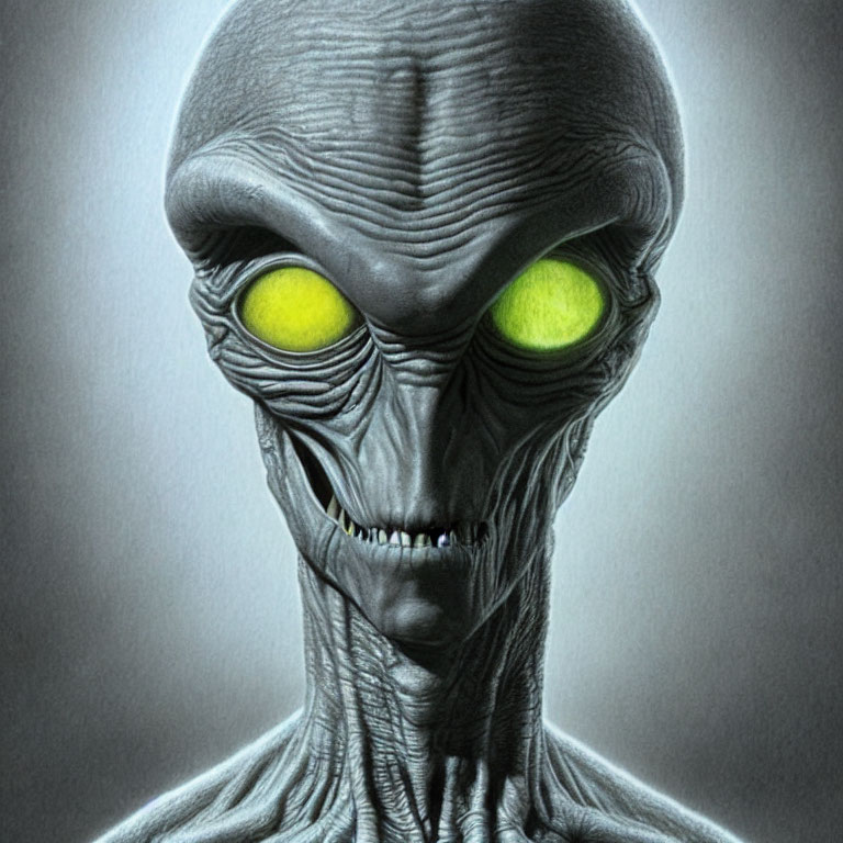 Alien digital artwork with green-yellow eyes and grey skin