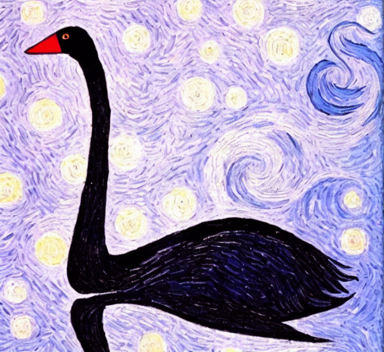 Stylized black swan with red beak in Van Gogh-inspired night sky