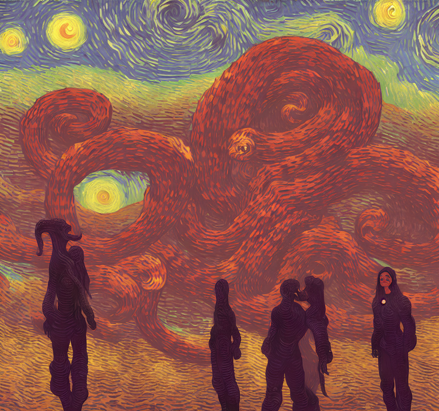 Illustration of people observing giant octopus in "Starry Night" inspired setting