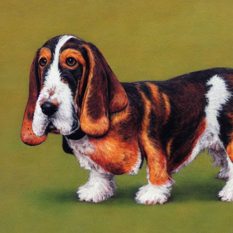 Tricolor Basset Hound with Long Ears on Green Background