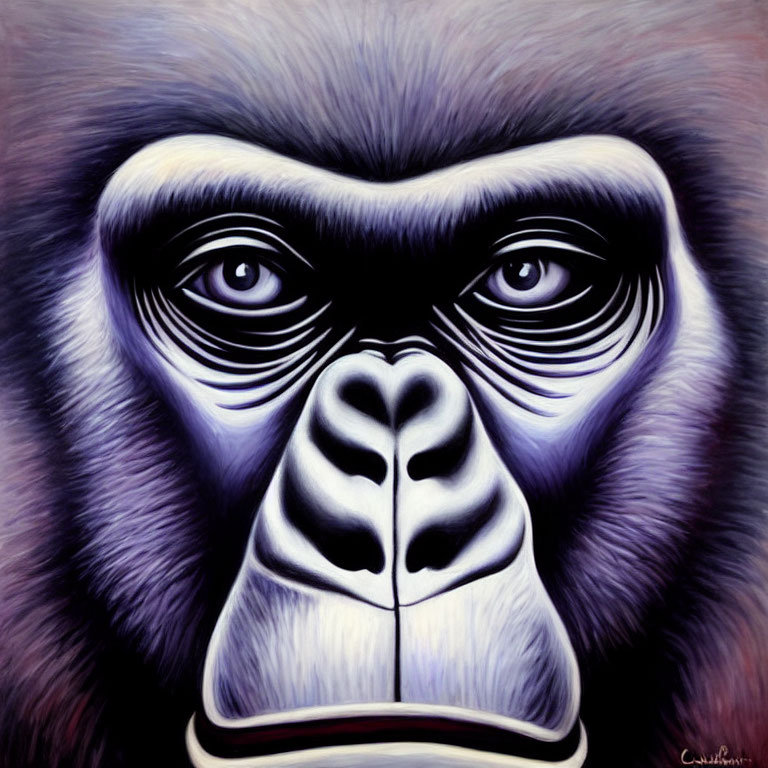 Vibrant gorilla face painting in purple hues