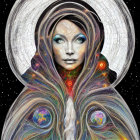 Cosmic-themed digital portrait with galaxy cloak and vibrant eyes