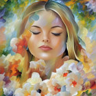 Young woman in serene portrait with closed eyes and colorful crystal-like shapes.