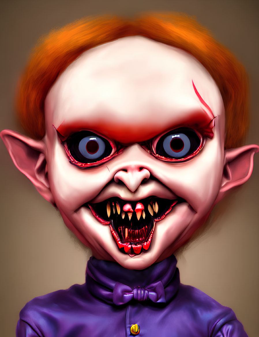 Cartoonish vampire child with pointed ears, red eyes, fangs, and purple shirt.