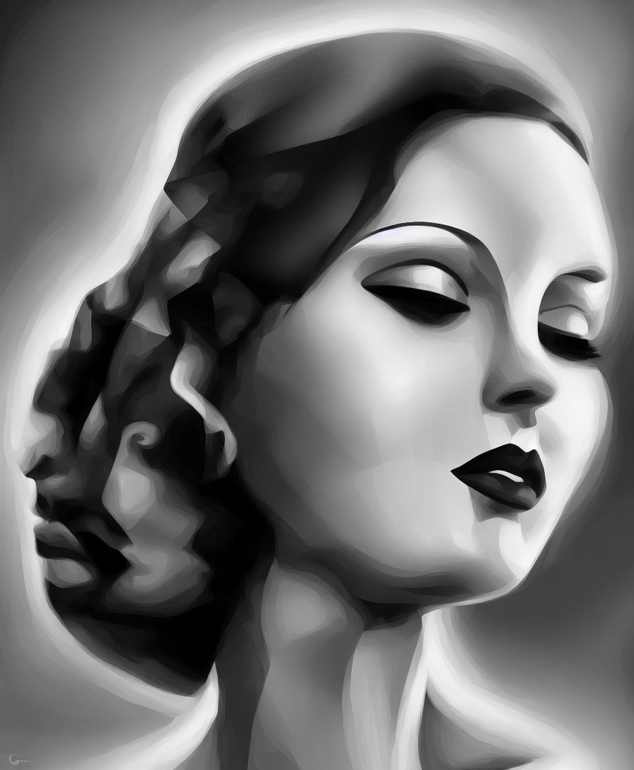 Monochrome digital artwork of stylized woman with headscarf and dark lips.