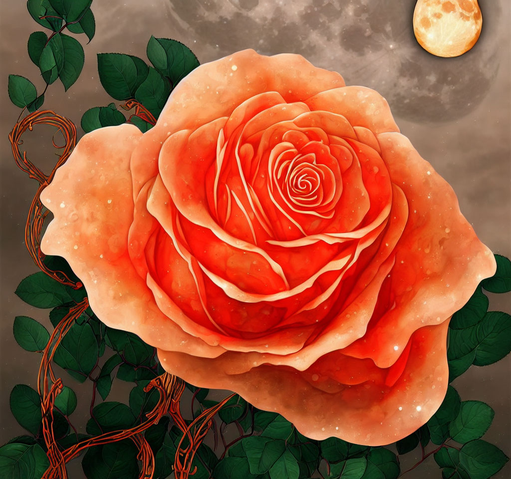 Digital artwork of oversized red rose against hazy sky with moon