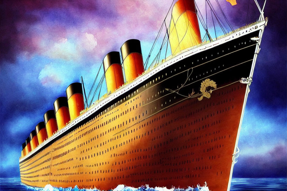 Vintage ocean liner illustration at dusk with four funnels