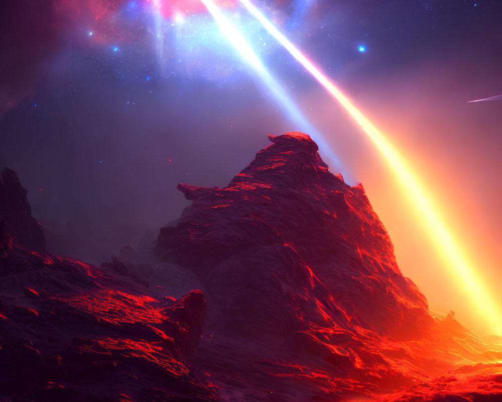 Vivid Sci-Fi Landscape: Glowing Red Terrain, Dramatic Sky, Cosmic Event