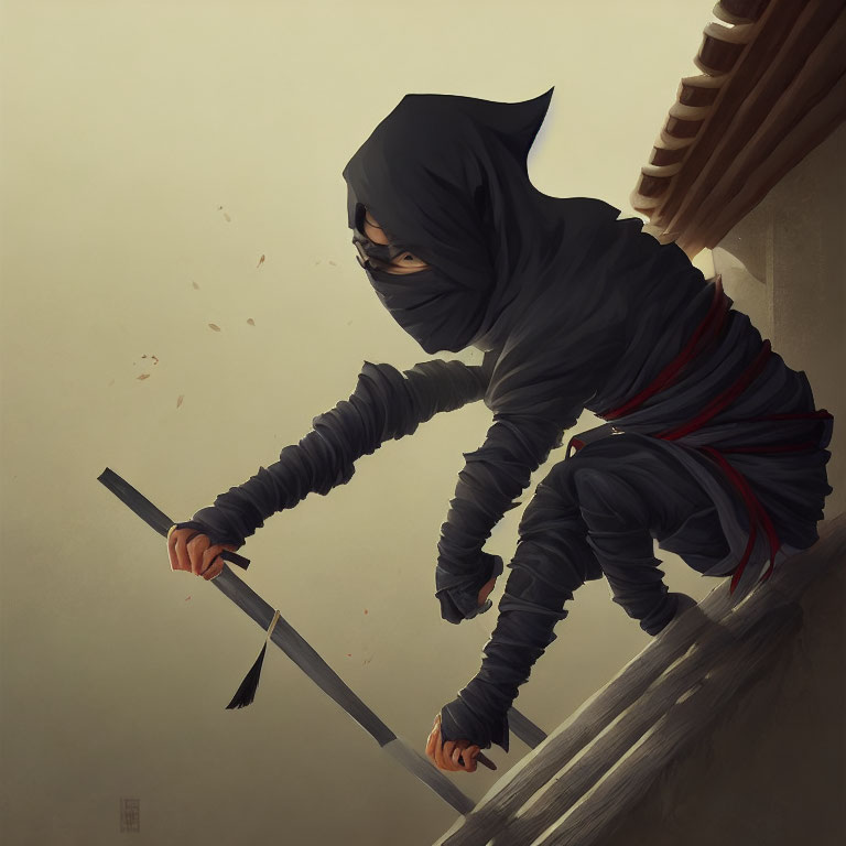 Stealthy ninja with red sword on rooftop amidst falling leaves