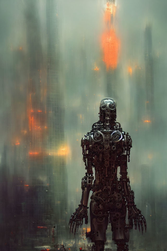 Detailed Robot in Dystopian Cityscape with Orange Lights