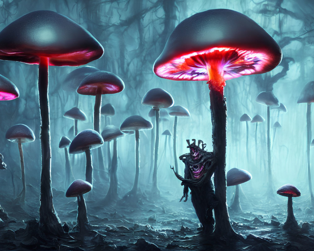 Enchanted forest with oversized glowing mushrooms and whimsical creature