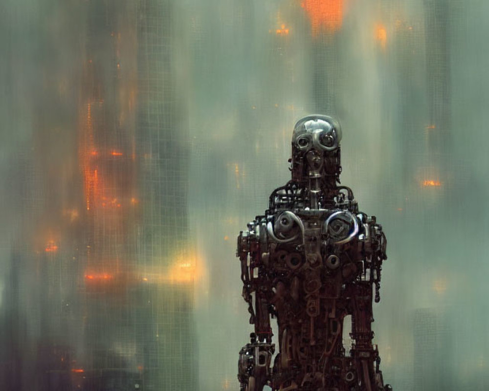 Detailed Robot in Dystopian Cityscape with Orange Lights