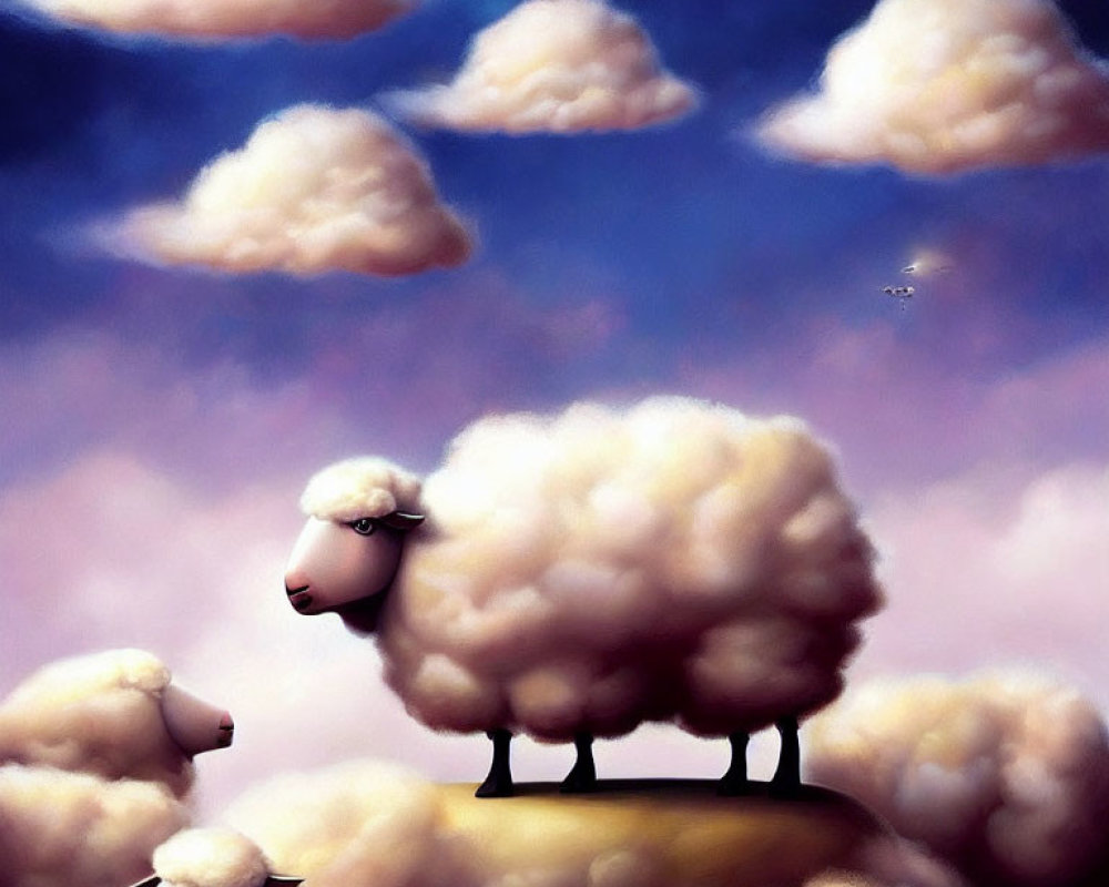 Whimsical painting of sheep blending with cotton-like clouds