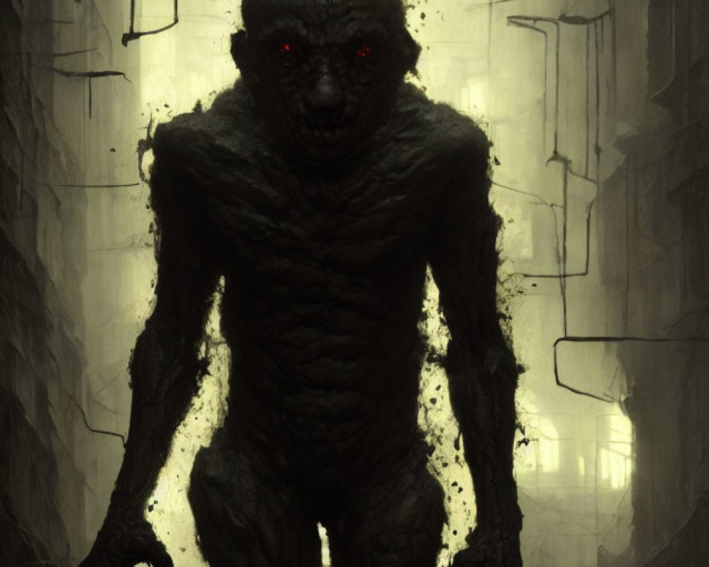 Sinister humanoid figure with glowing red eyes in eerie Gothic setting