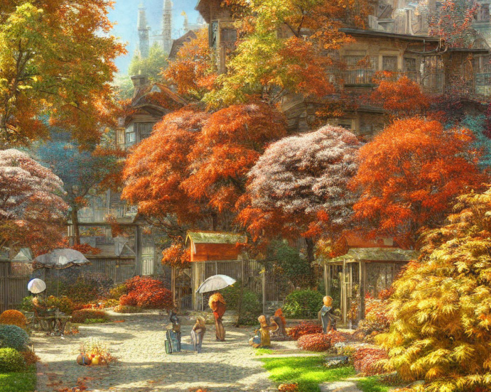 Colorful autumn landscape with trees, buildings, and people walking under umbrellas