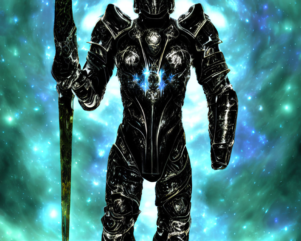 Elaborate dark armor figure with glowing sword on cosmic green backdrop