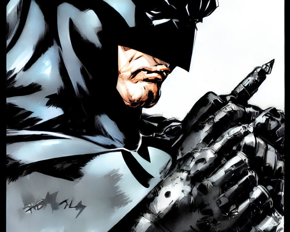 Brooding Batman in iconic cowl and cape with clenched fist