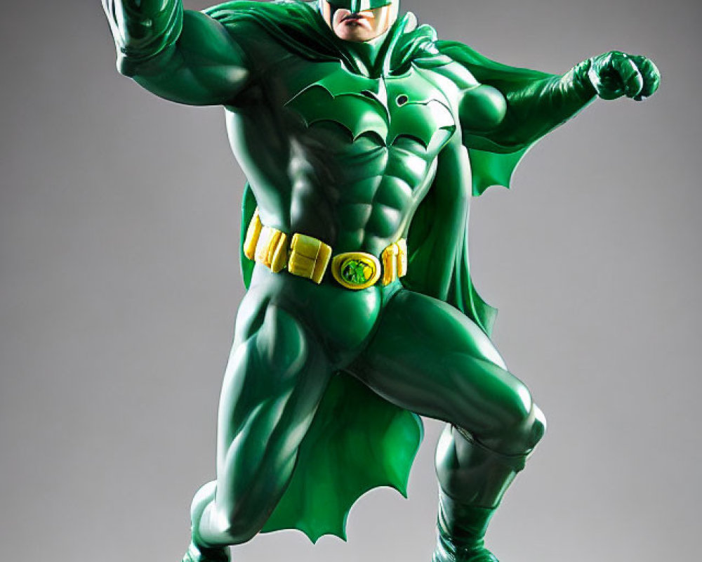 Colorful Batman statue in classic grey suit with green accents on crystal base