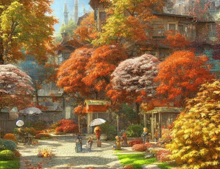 Colorful autumn landscape with trees, buildings, and people walking under umbrellas